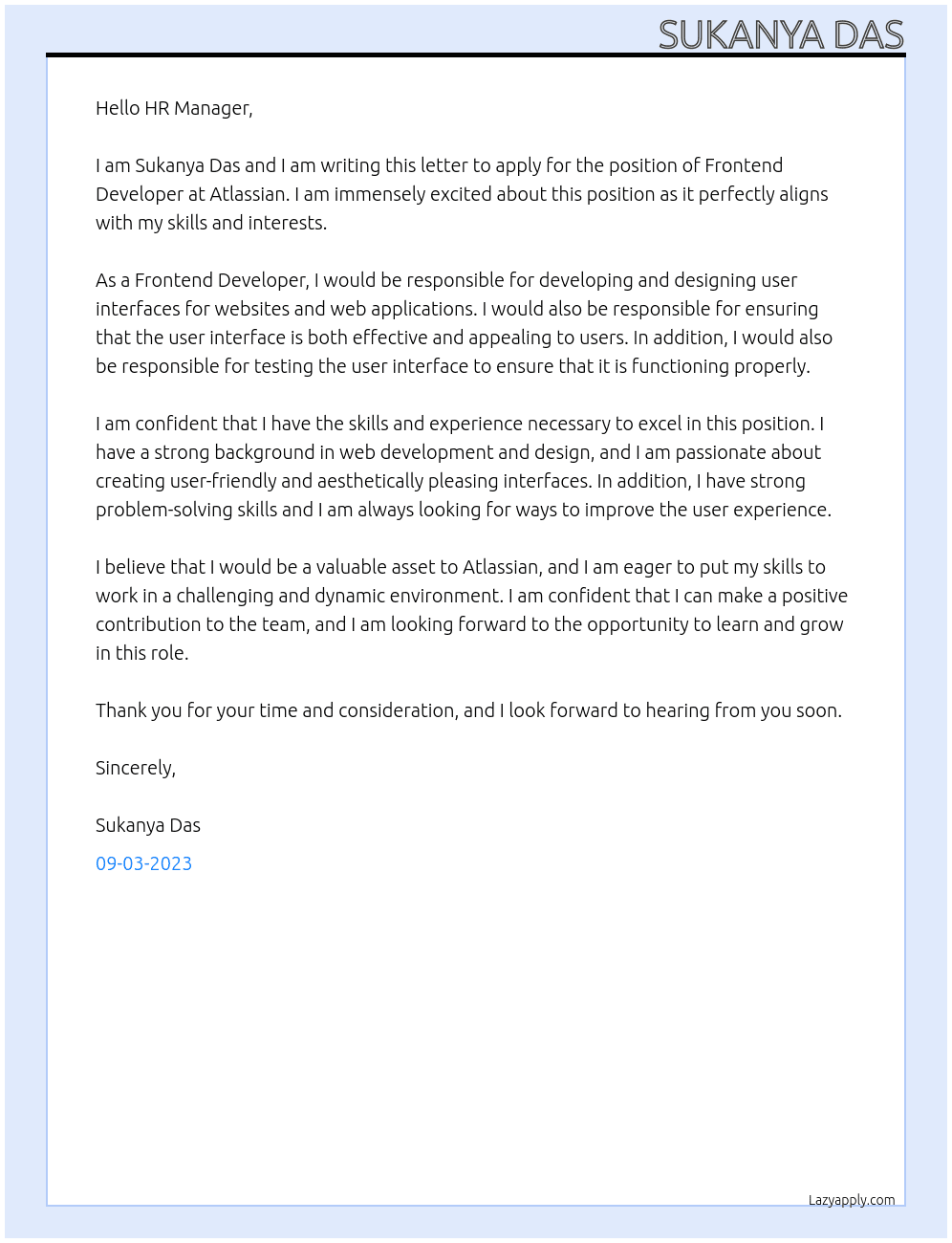 Frontend Developer At Atlassian Cover Letter