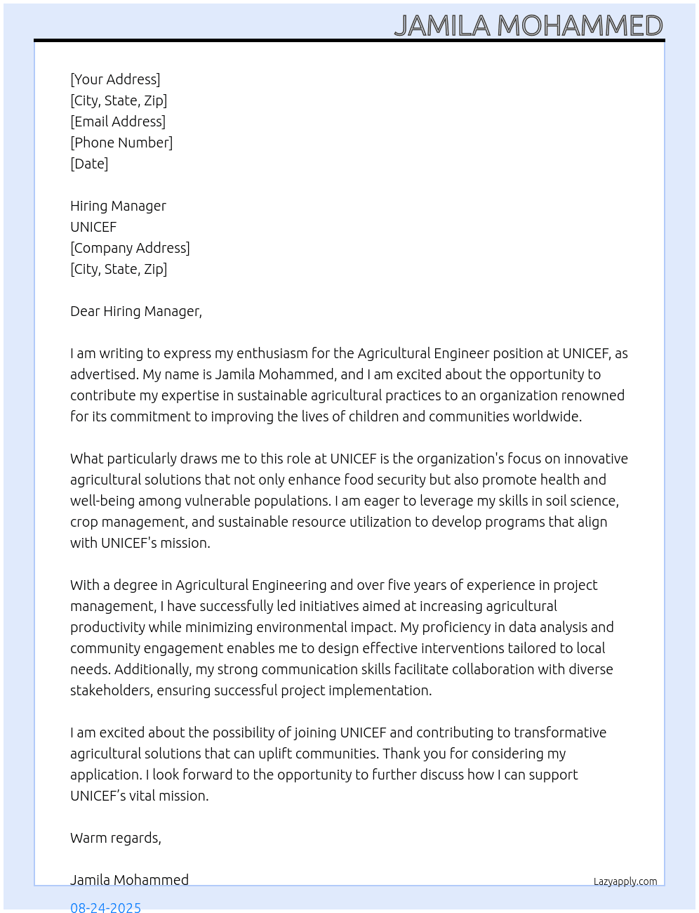 Cover letter for agricultural engineer - LazyApply