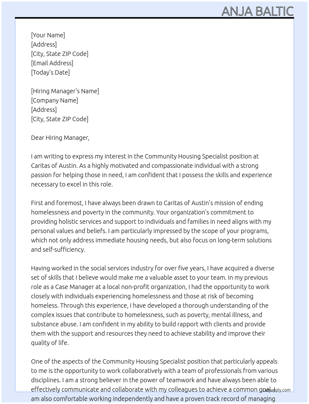 Community Housing Specialist At Caritas of Austin Cover Letter