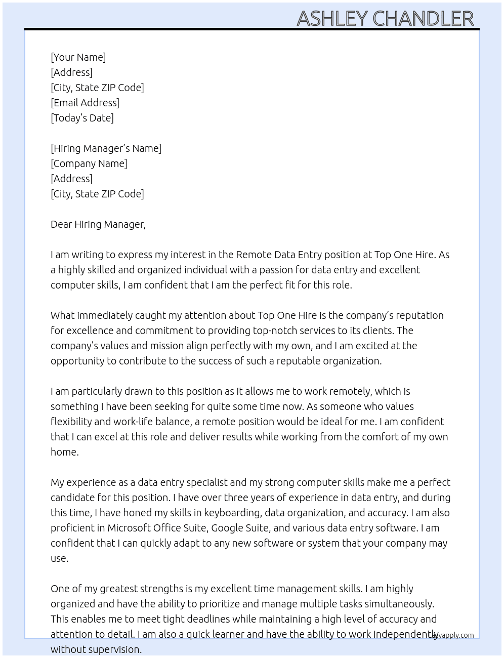 Remote data entry  At Top One Hire Cover Letter