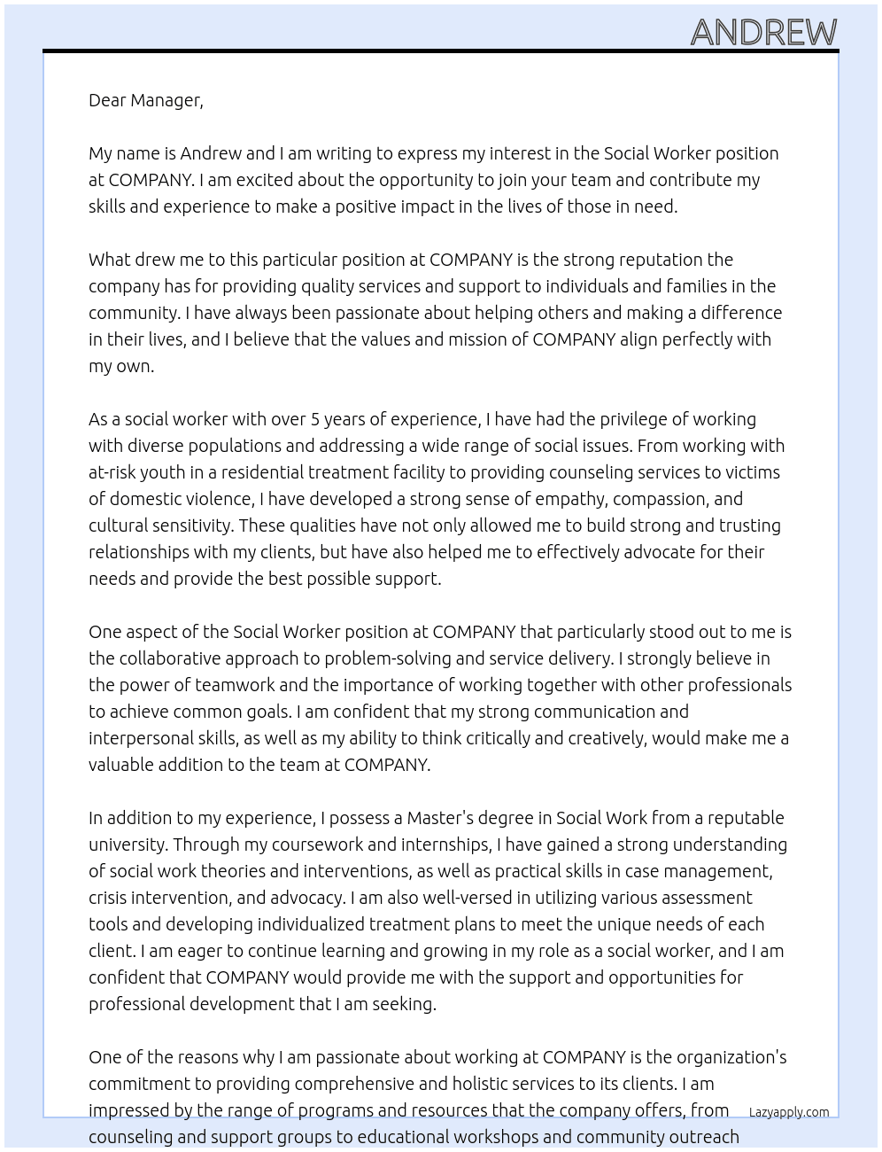 Social Worker At COMPANY Cover Letter