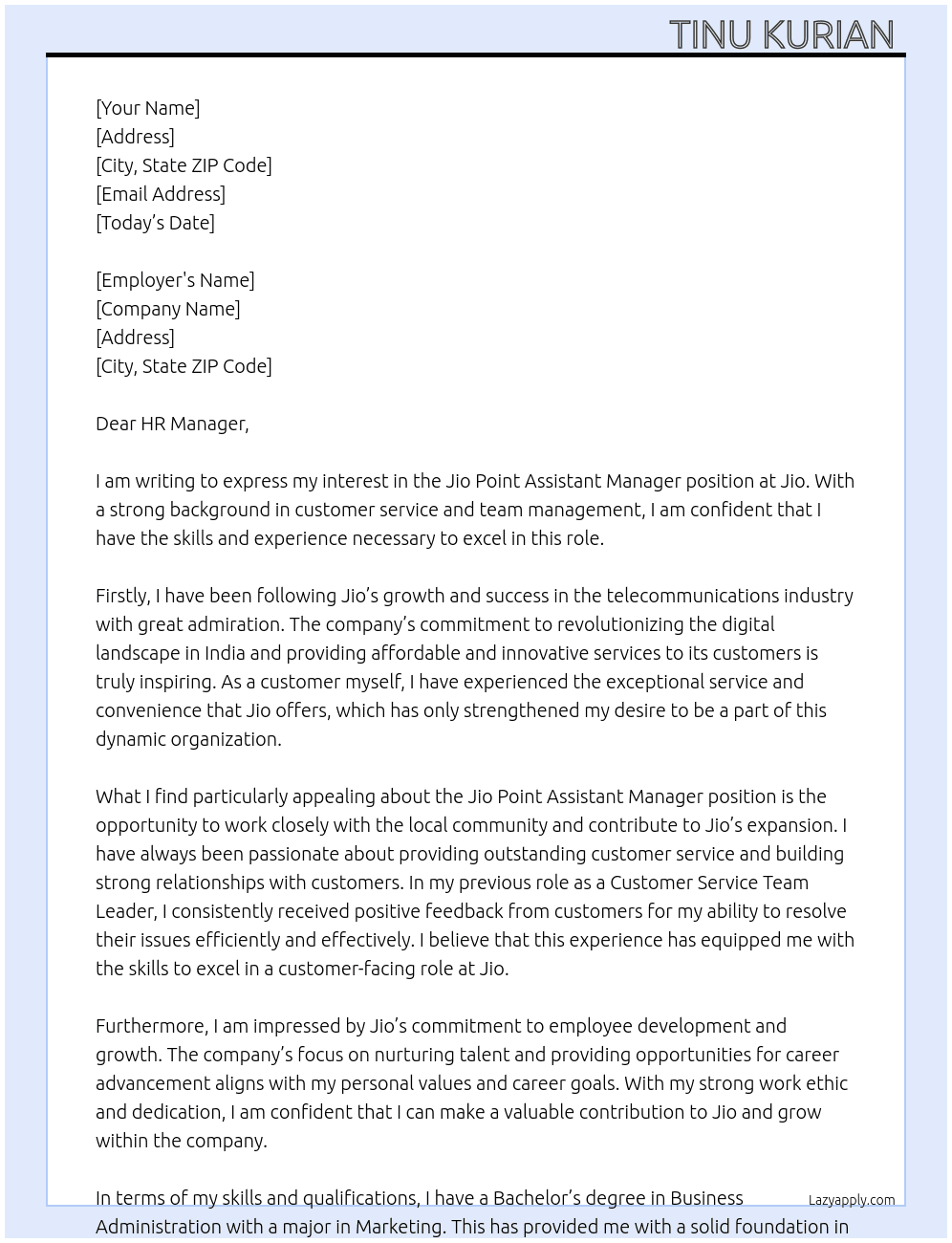 Jio point assistant manager  At Jio Cover Letter