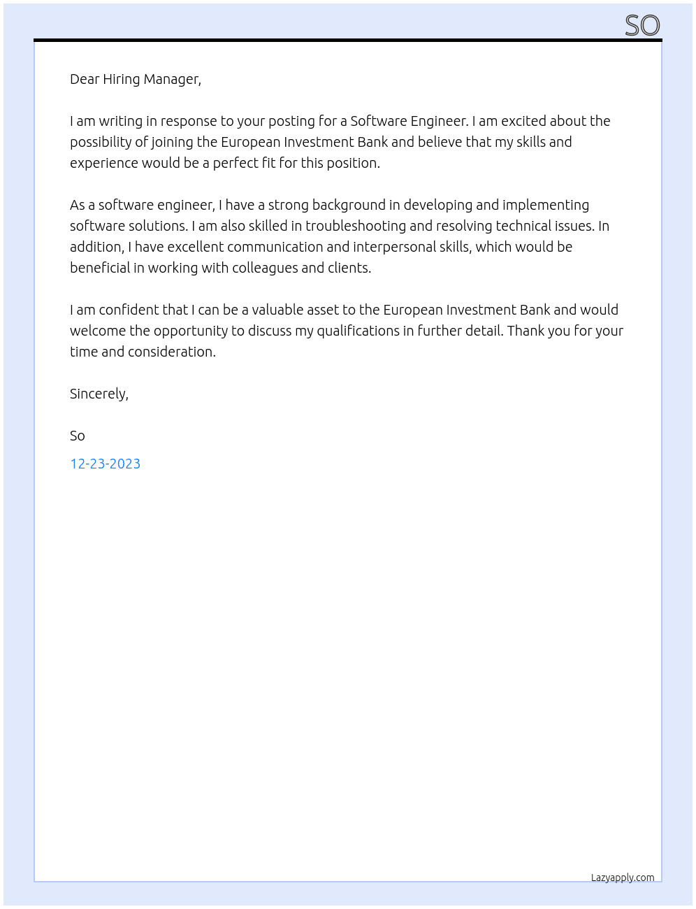 software engineer At european investissment bank Cover Letter