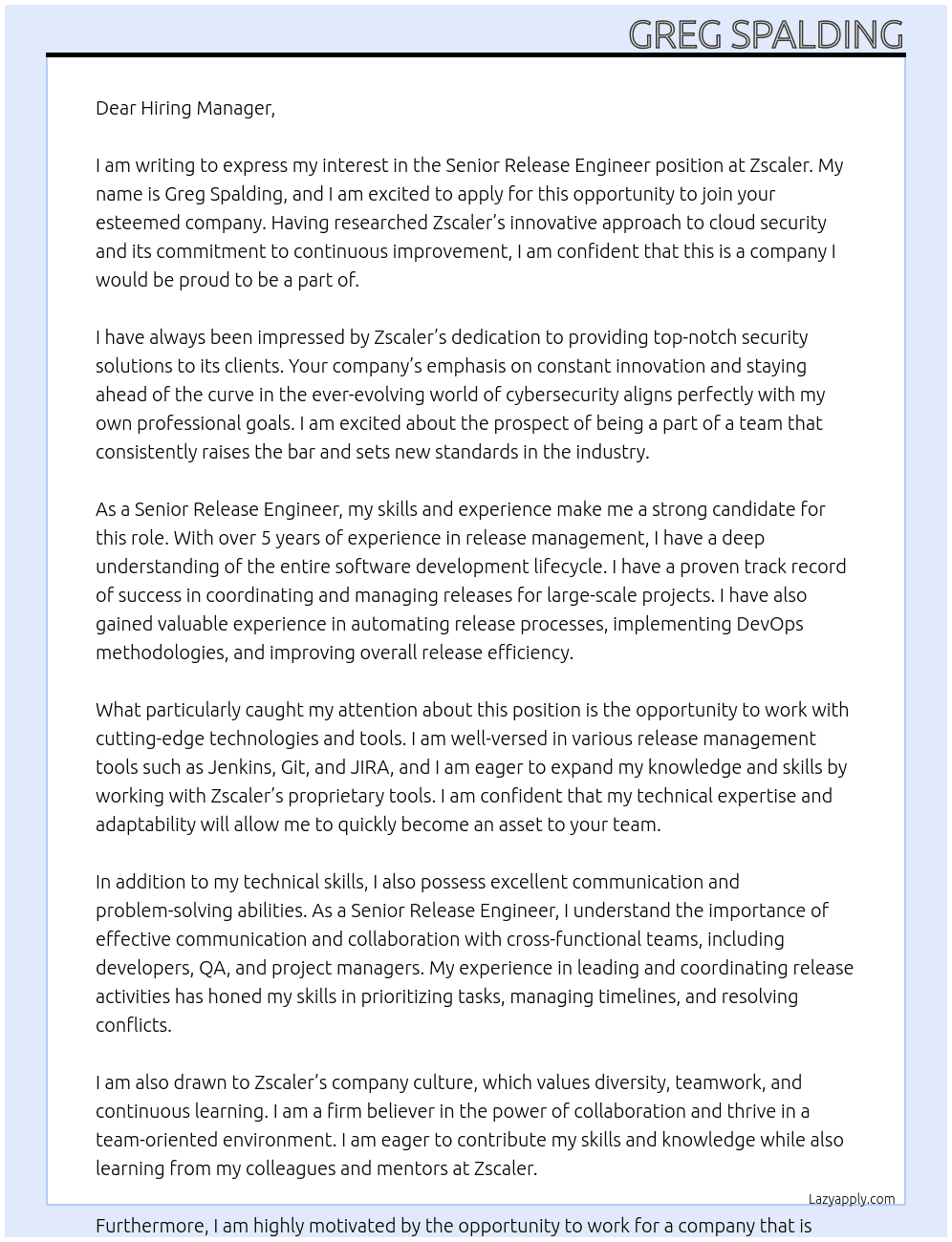 Senior Release Engineer At Zscaler Cover Letter