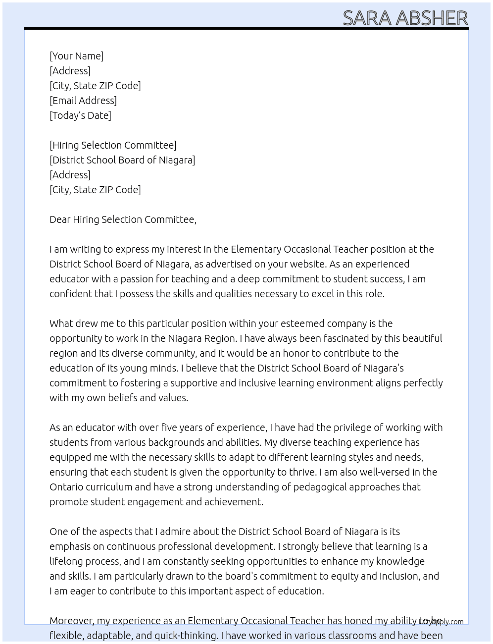 Elementary Occasional Teacher At District School Board of Niagara Cover Letter