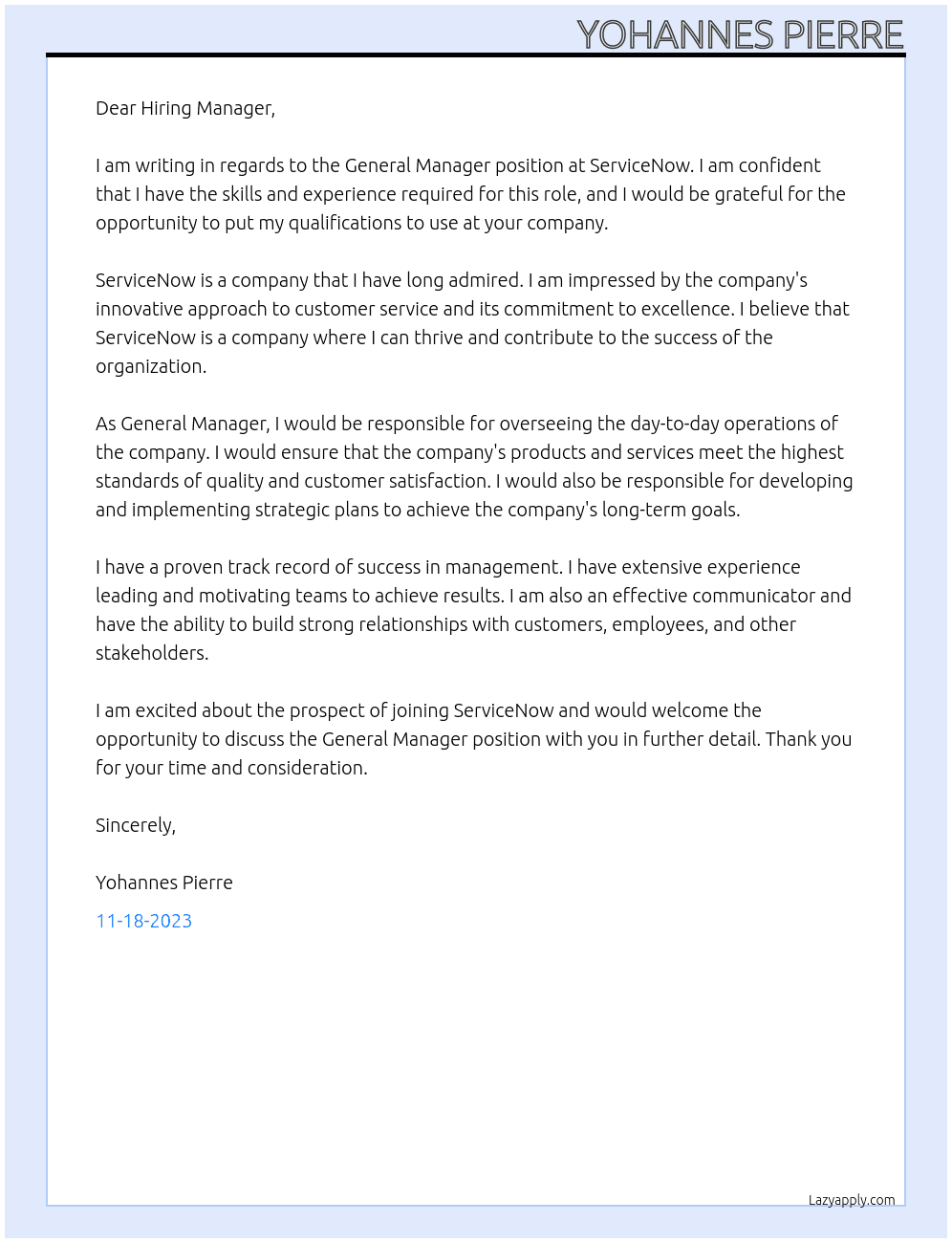 General Manager At ServiceNow Cover Letter