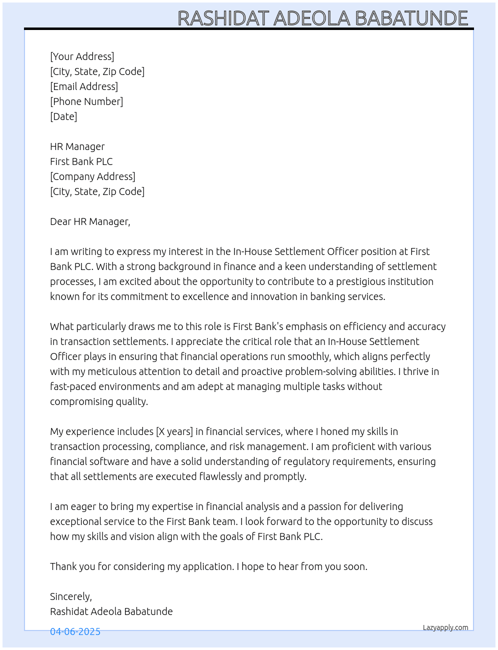 In-House Settlement Officer At First Bank PLC Cover Letter