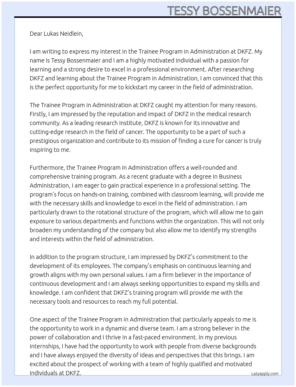 Trainee program in administration At DKFZ Cover Letter