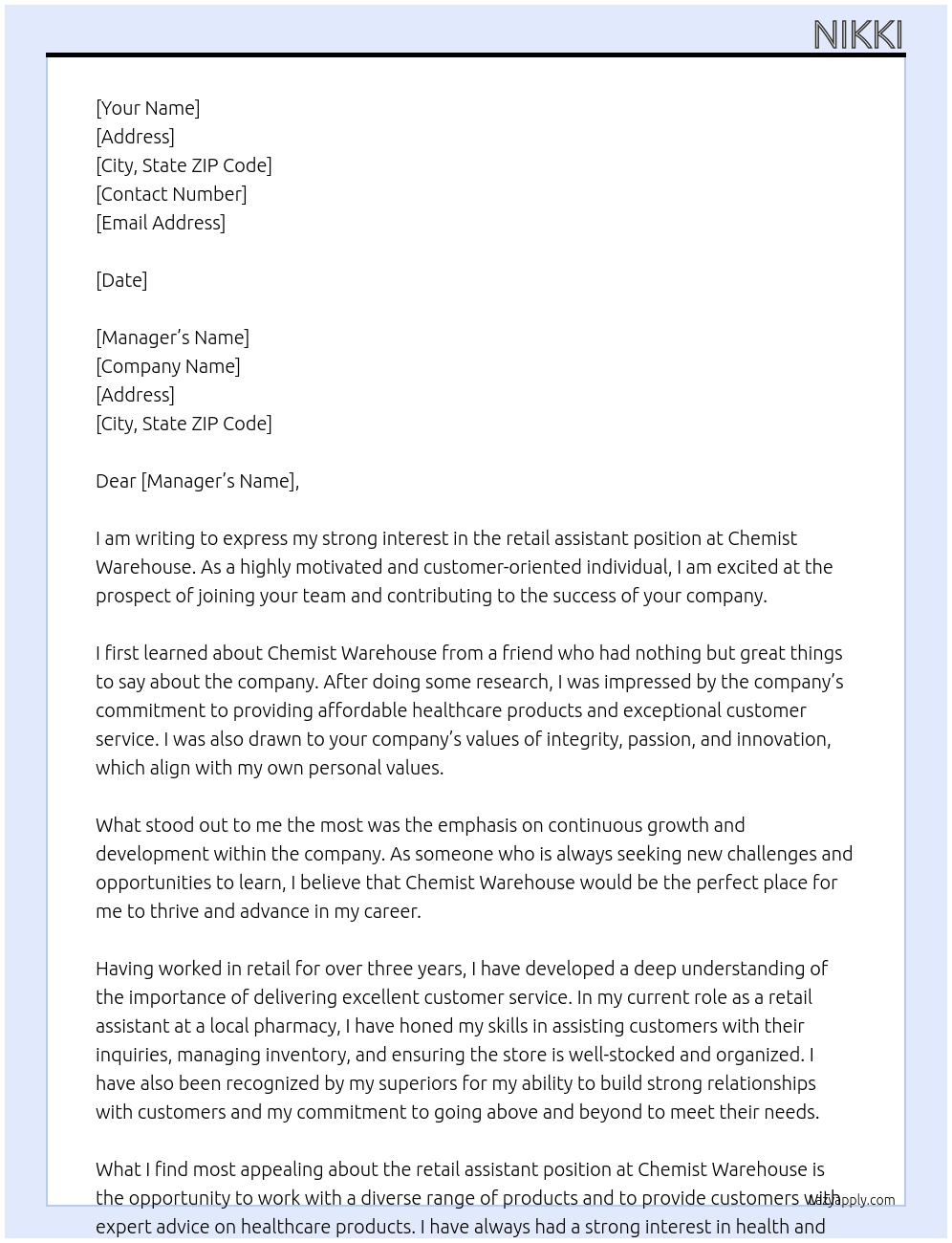 retail assistant At Chemist warehouse Cover Letter