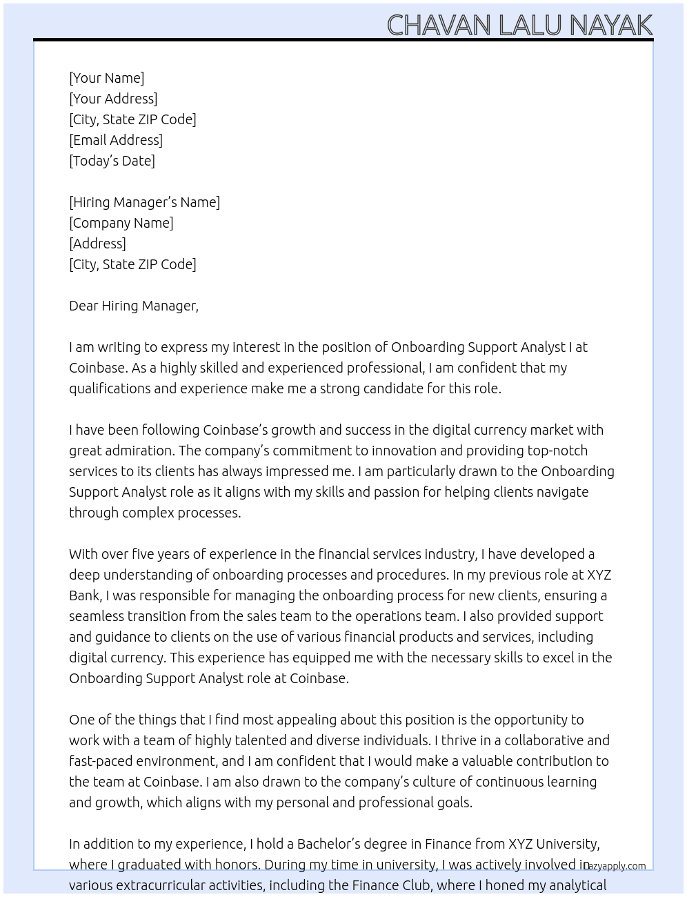 Onboarding Support Analyst I  At Coinbase Cover Letter