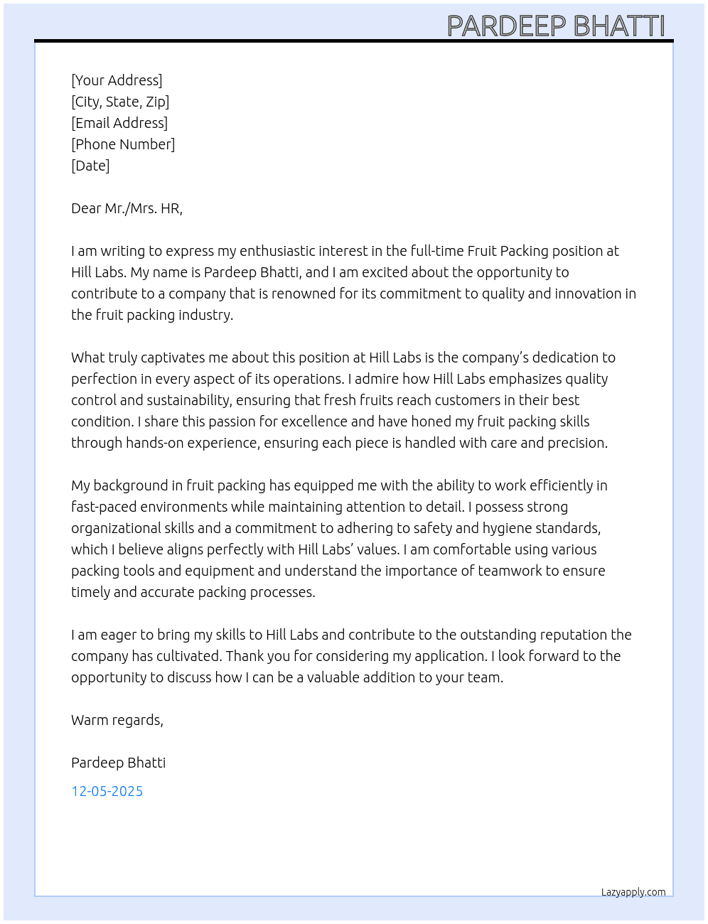 Fruit packing  At Hill labs Cover Letter