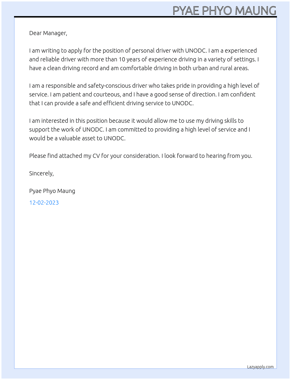 personal driver At UNODC Cover Letter