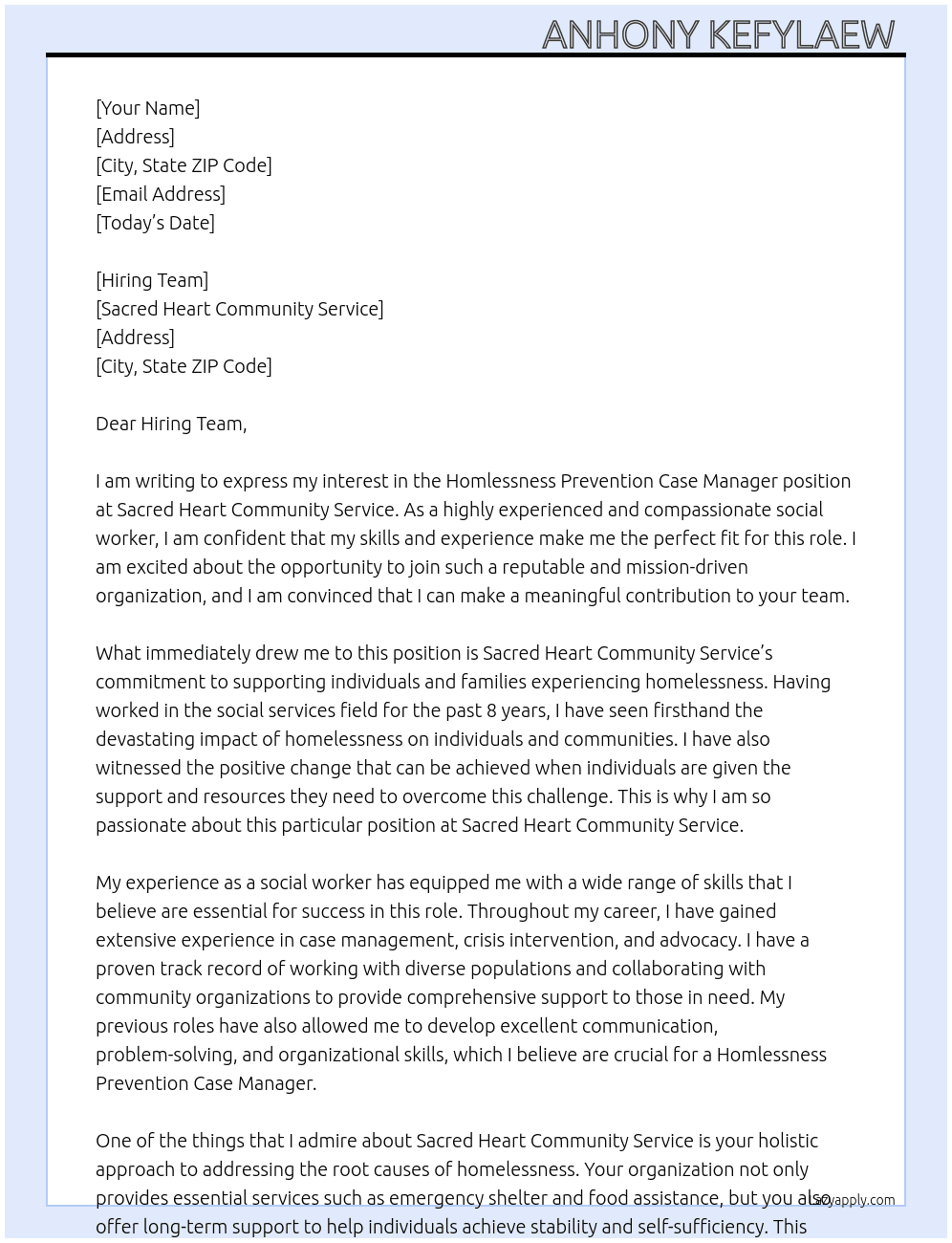 Homlessness Prevention Case Manager  At Sacred Heart Community Service   Cover Letter