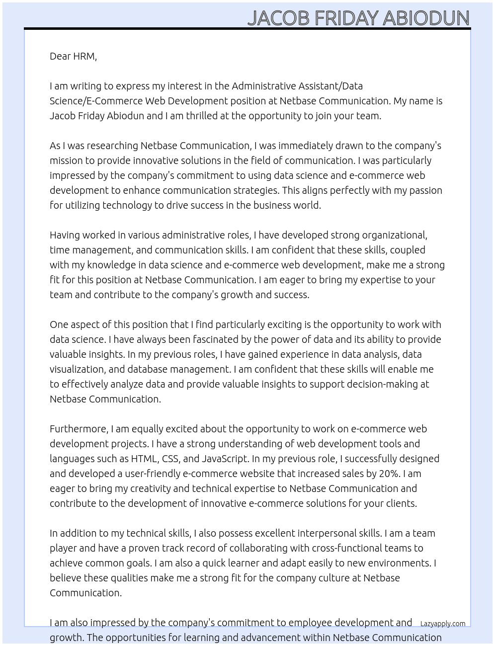 Administrative Assistant/data science/E-Commerce Web Development At netbase comunication Cover Letter