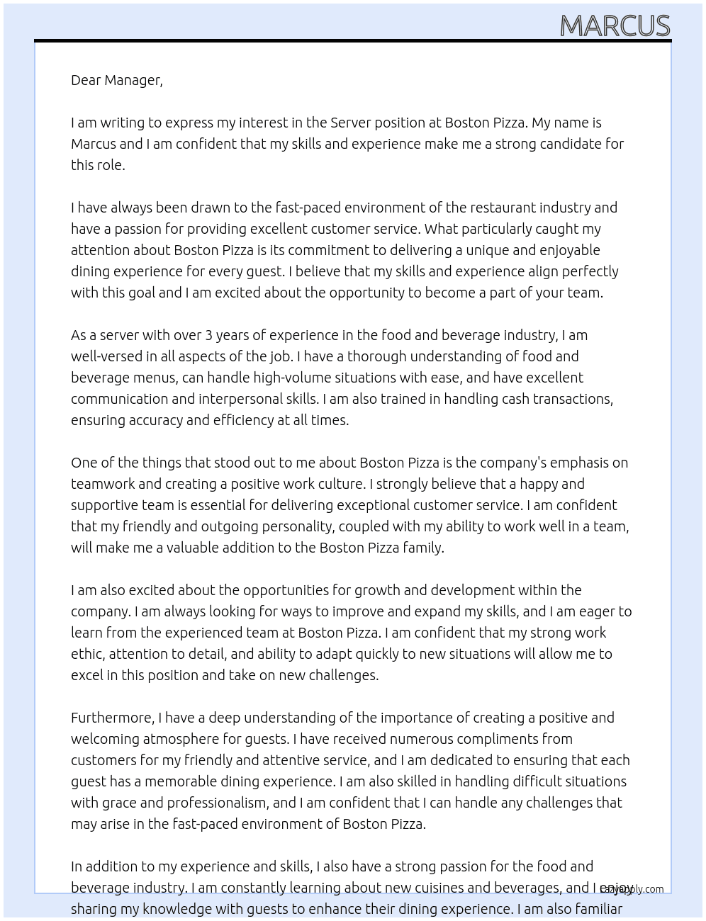 server At boston pizza Cover Letter