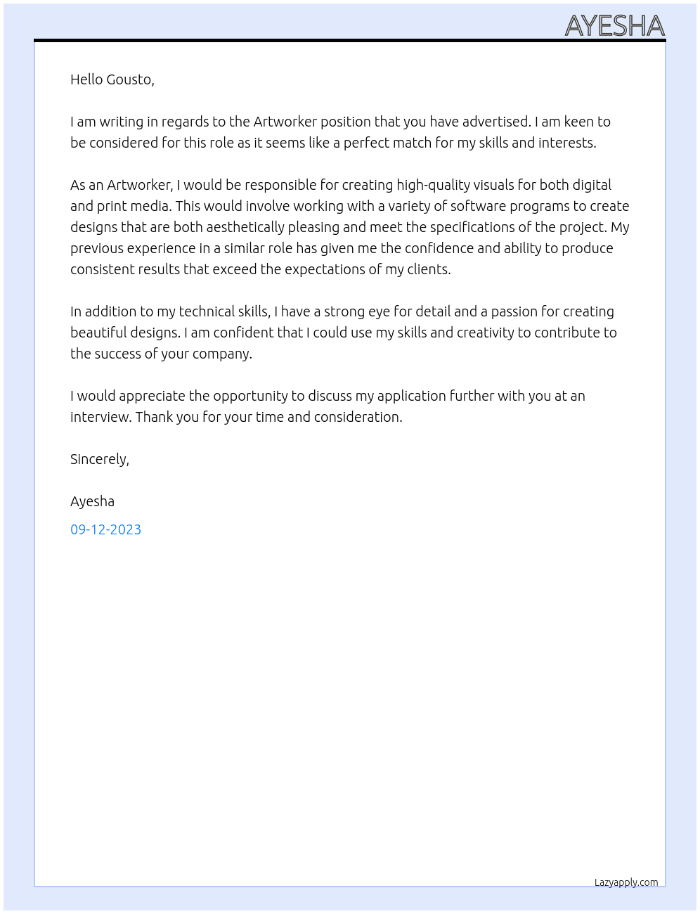 Artworker At Gousto Cover Letter