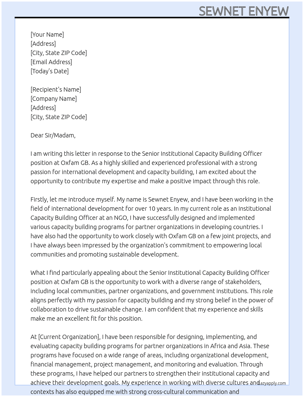 Senior Institutional Capacity Building Officer At Oxfam GB Cover Letter