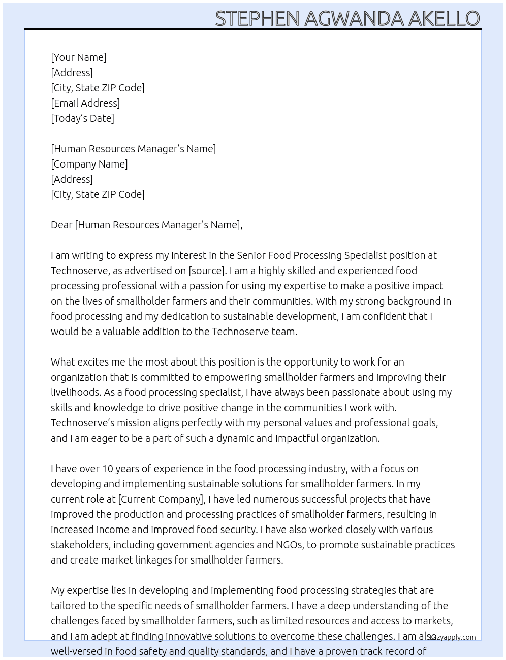 Senior Food Processing Specialist At Technoserve Cover Letter