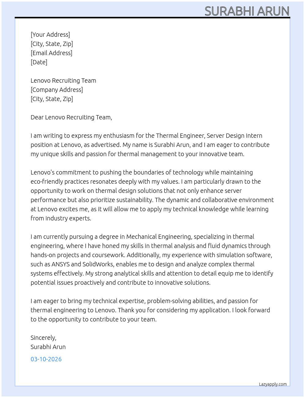 Thermal Engineer, Server Design Intern At Lenovo Cover Letter