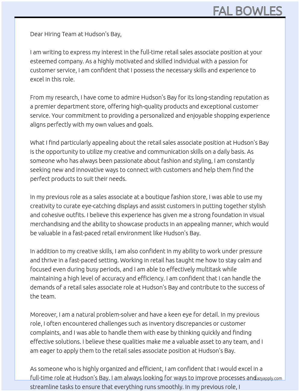 retail sales associate At Hudson’s Bay Cover Letter