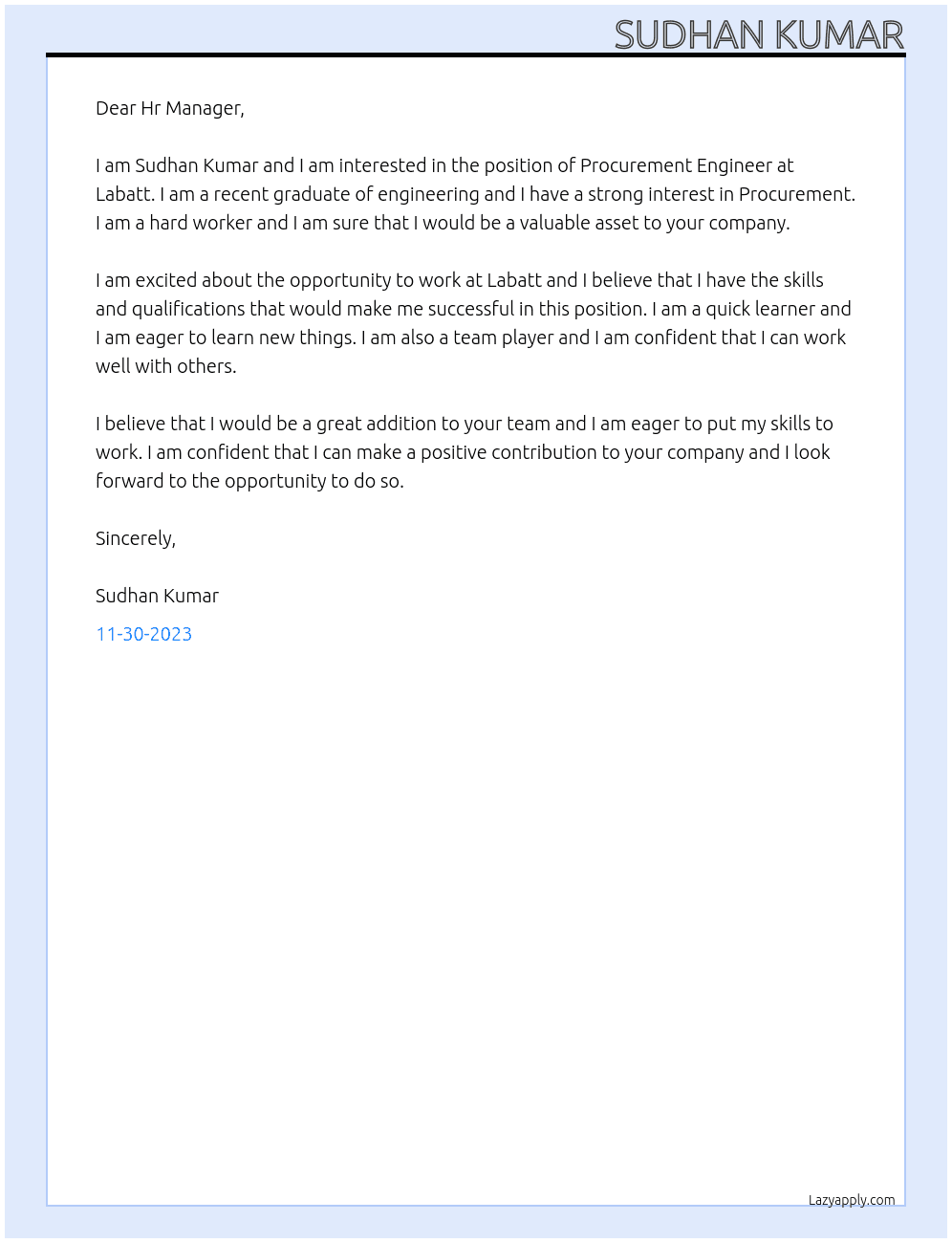 Procurement Engineer At Labatt Cover Letter