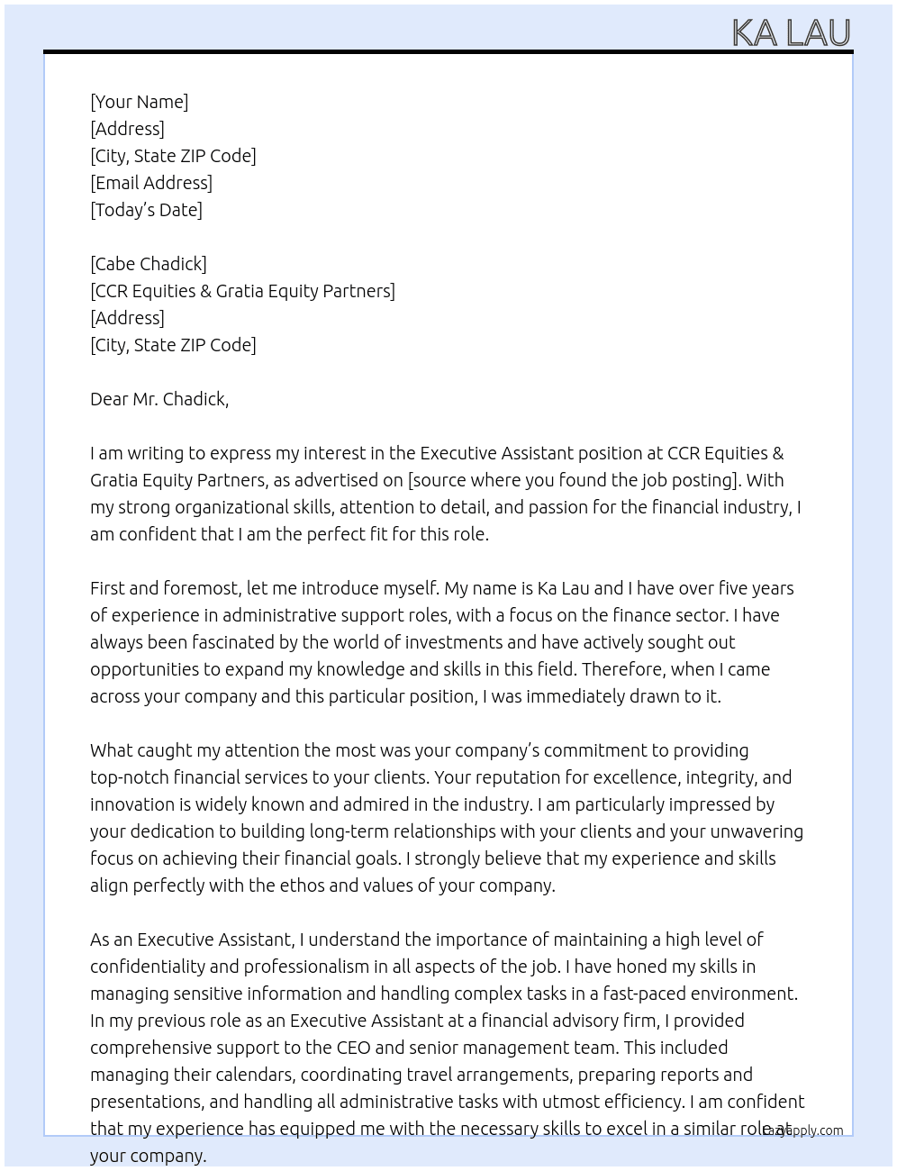 Executive Assistant At CCR Equities & Gratia Equity Partners Cover Letter