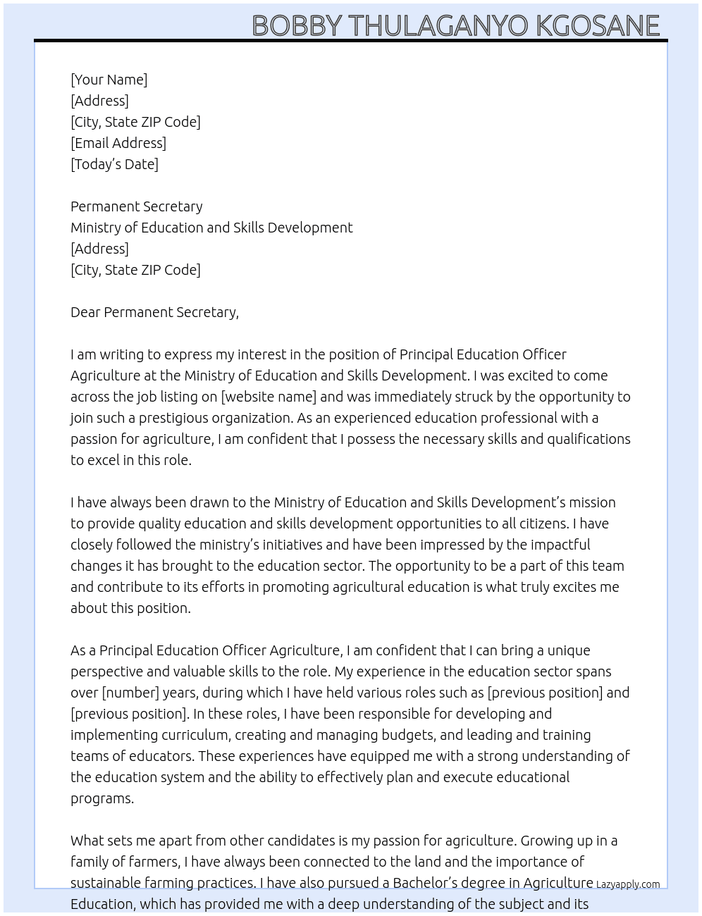 Principal Education officer Agriculture  At Ministry of Education and skills development  Cover Letter