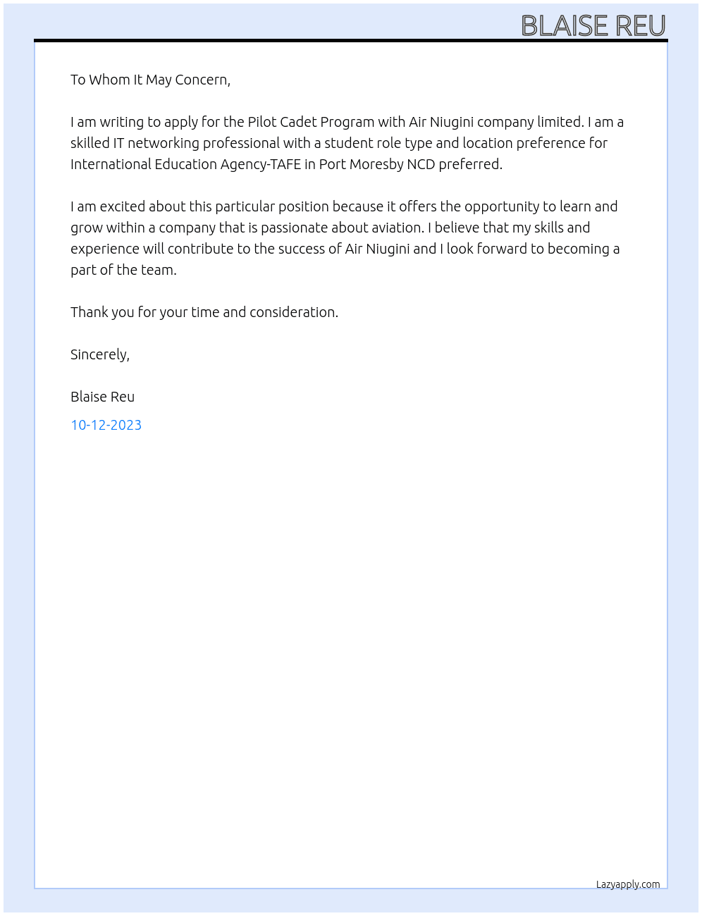 Cover letter for pilot cadet program - LazyApply