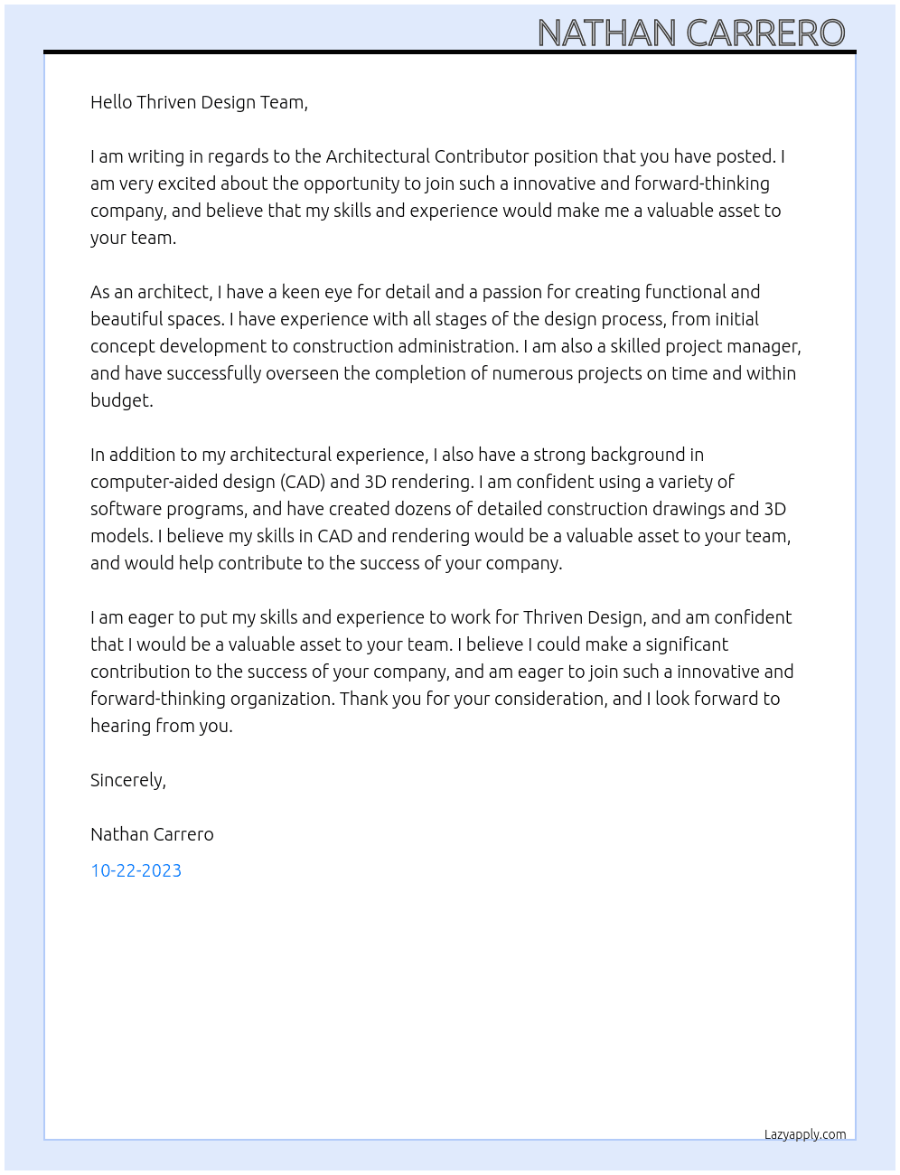 Architectural Contributor At Thriven Design Cover Letter