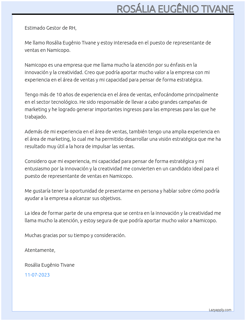 representante de vendas At Namicopo Cover Letter