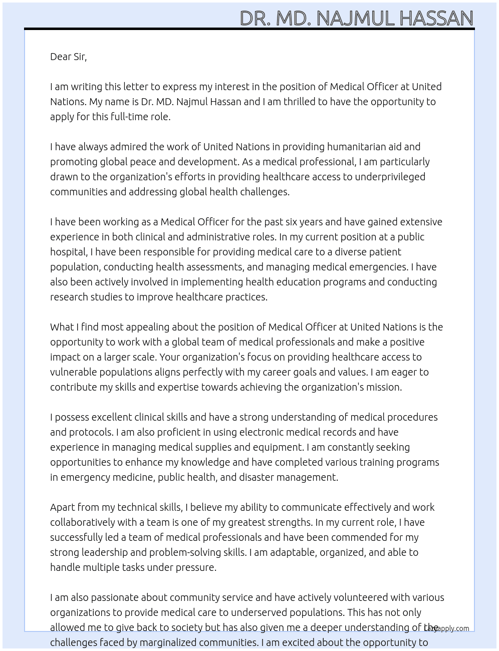 Medical Officer At United Nation Cover Letter