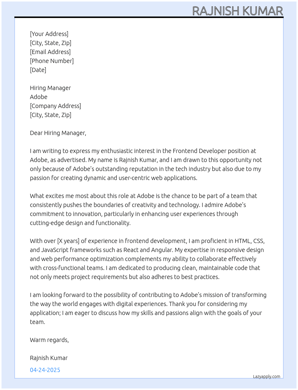 frontend developer At adobe Cover Letter