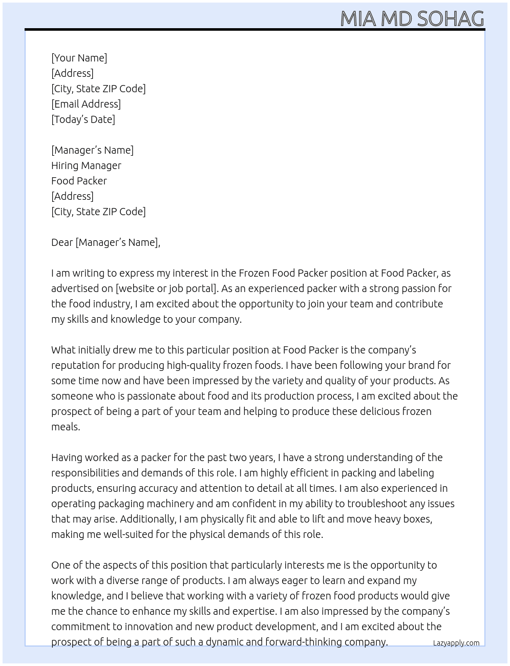 Frozen food packer At Food Packer Cover Letter