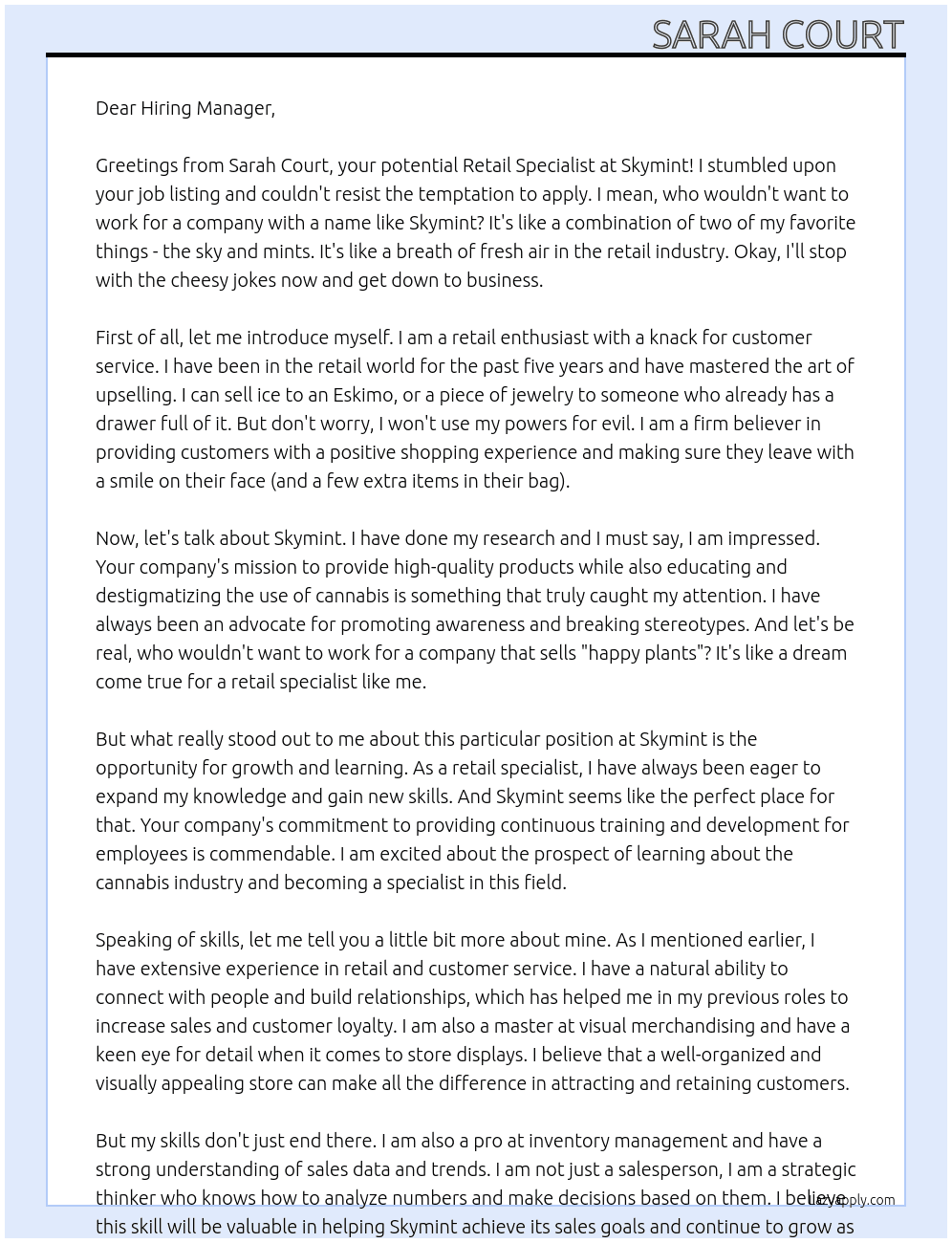 Retail Specialist At Skymint Cover Letter