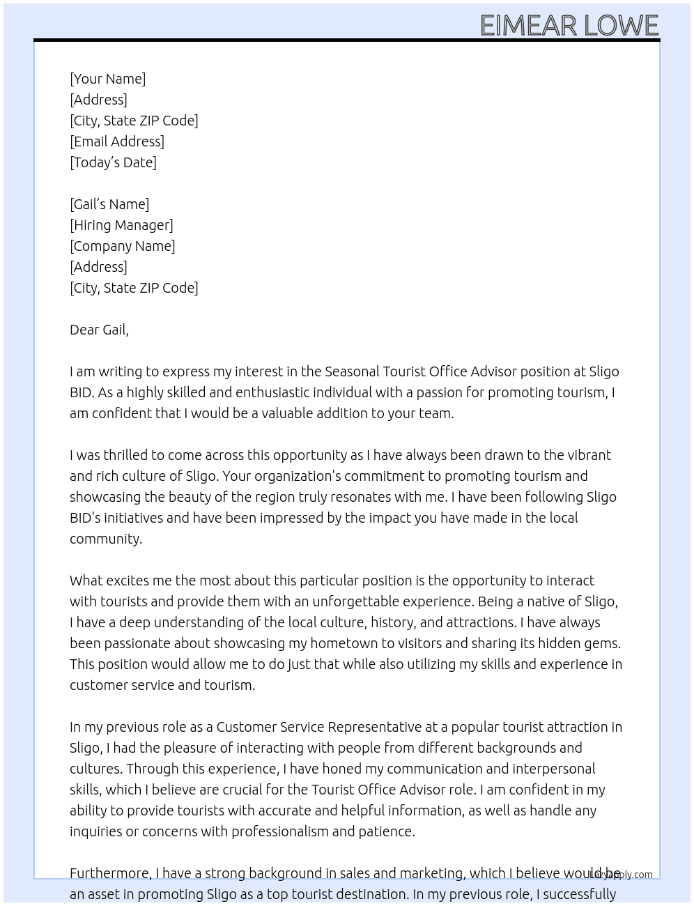 Seasonal Tourist Office Advisor At Sligo BID Cover Letter