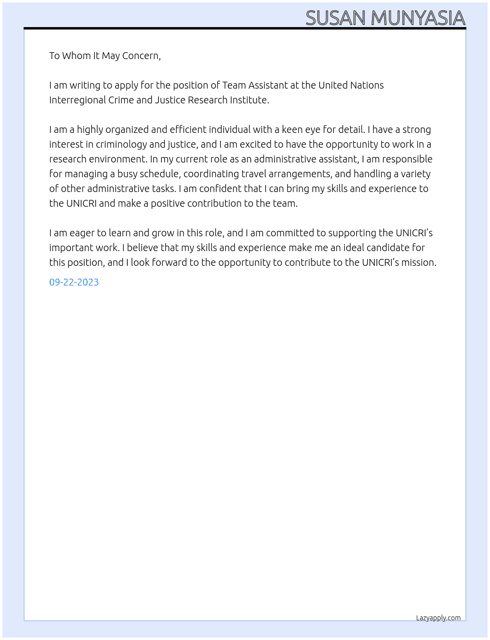 Team Assistant At United Nations Interregional Crime and Justice Research Institute Cover Letter