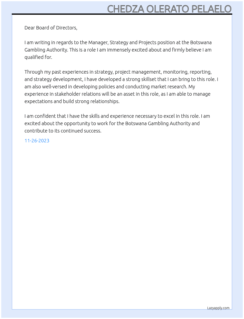 MANAGER, STRATEGY AND PROJECTS At BOTSWANA GAMBLING AUTHORITY Cover Letter