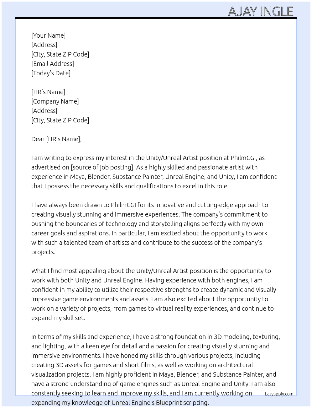 Unity/unreal artist  At PhilmCGI Cover Letter