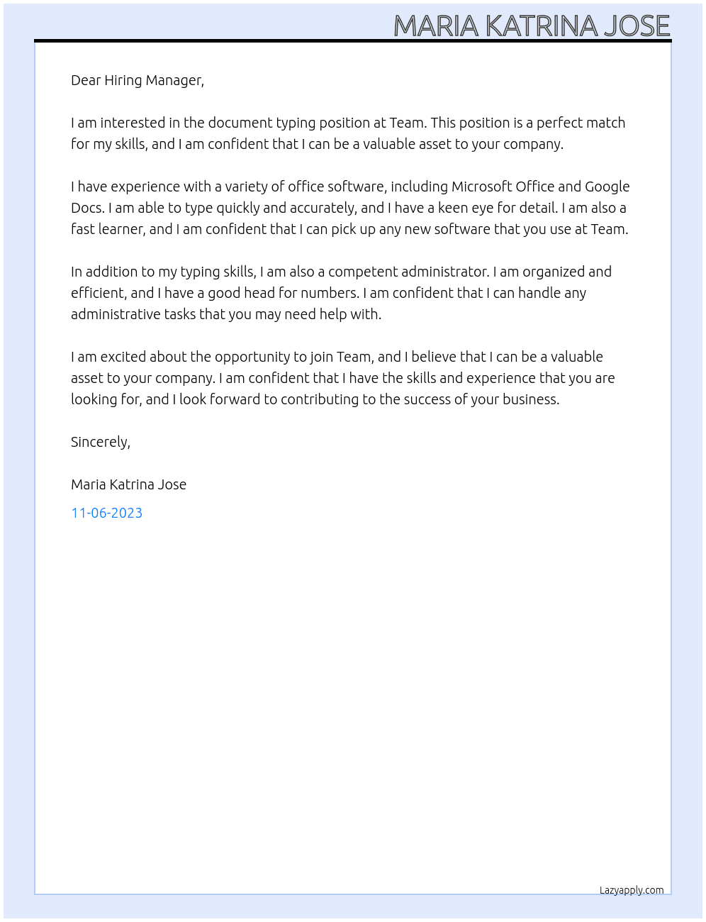 Document typing At Team Cover Letter
