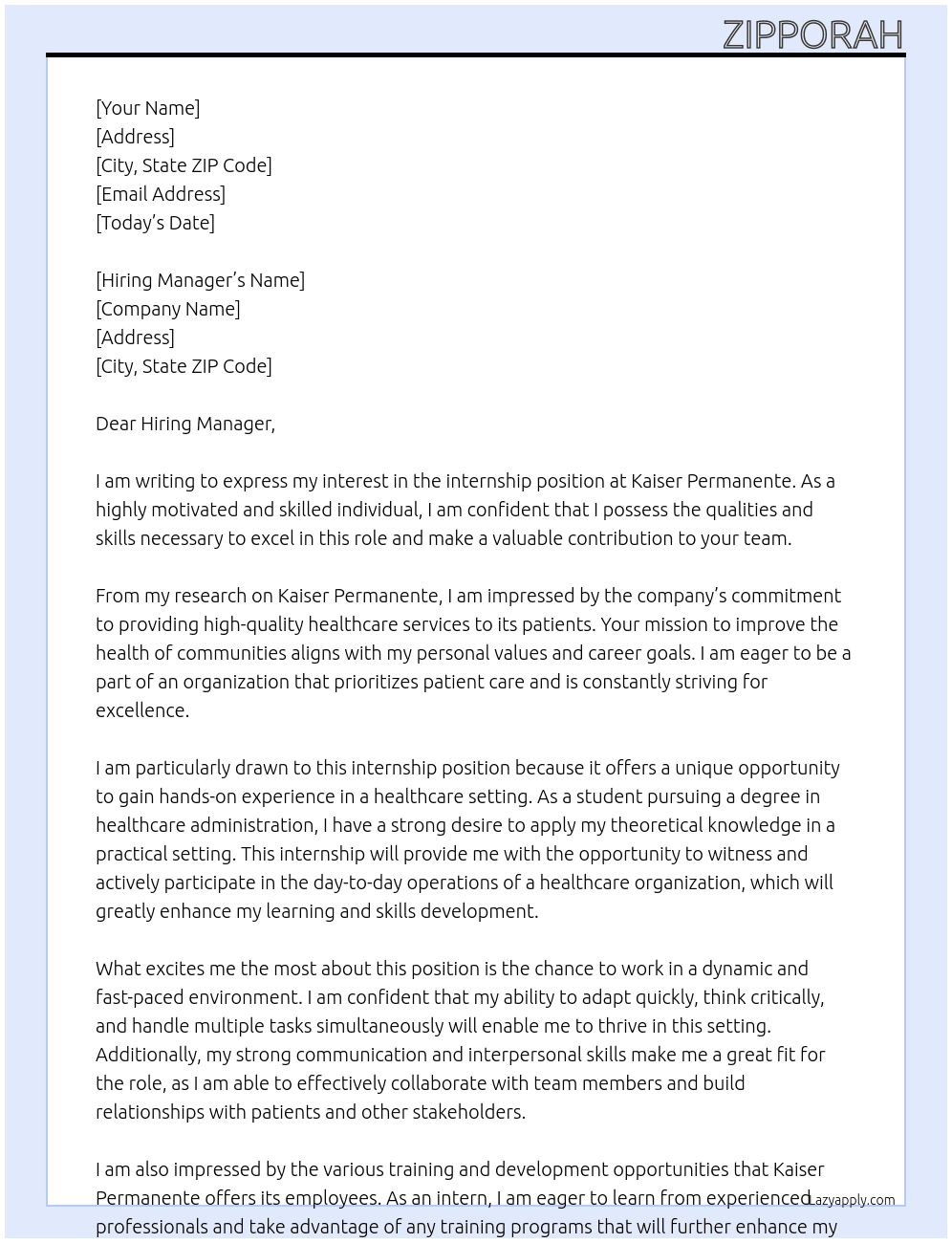 internship At Kaiser Permanente Cover Letter