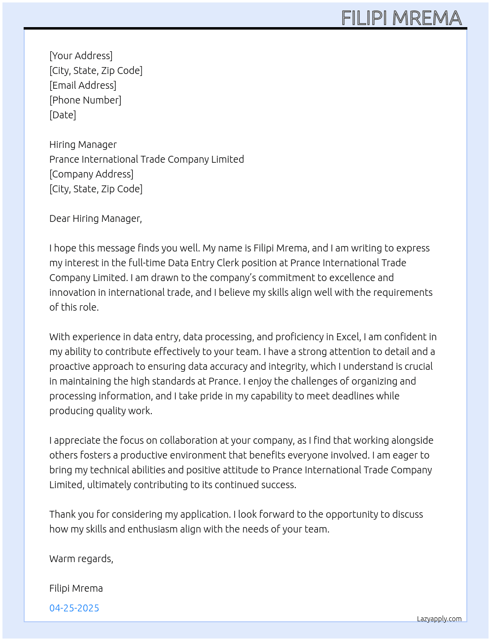Data entry clerk At Prance international trade company limited Cover Letter