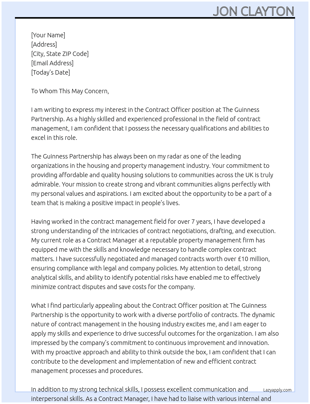 Cover letter for contract officer - LazyApply
