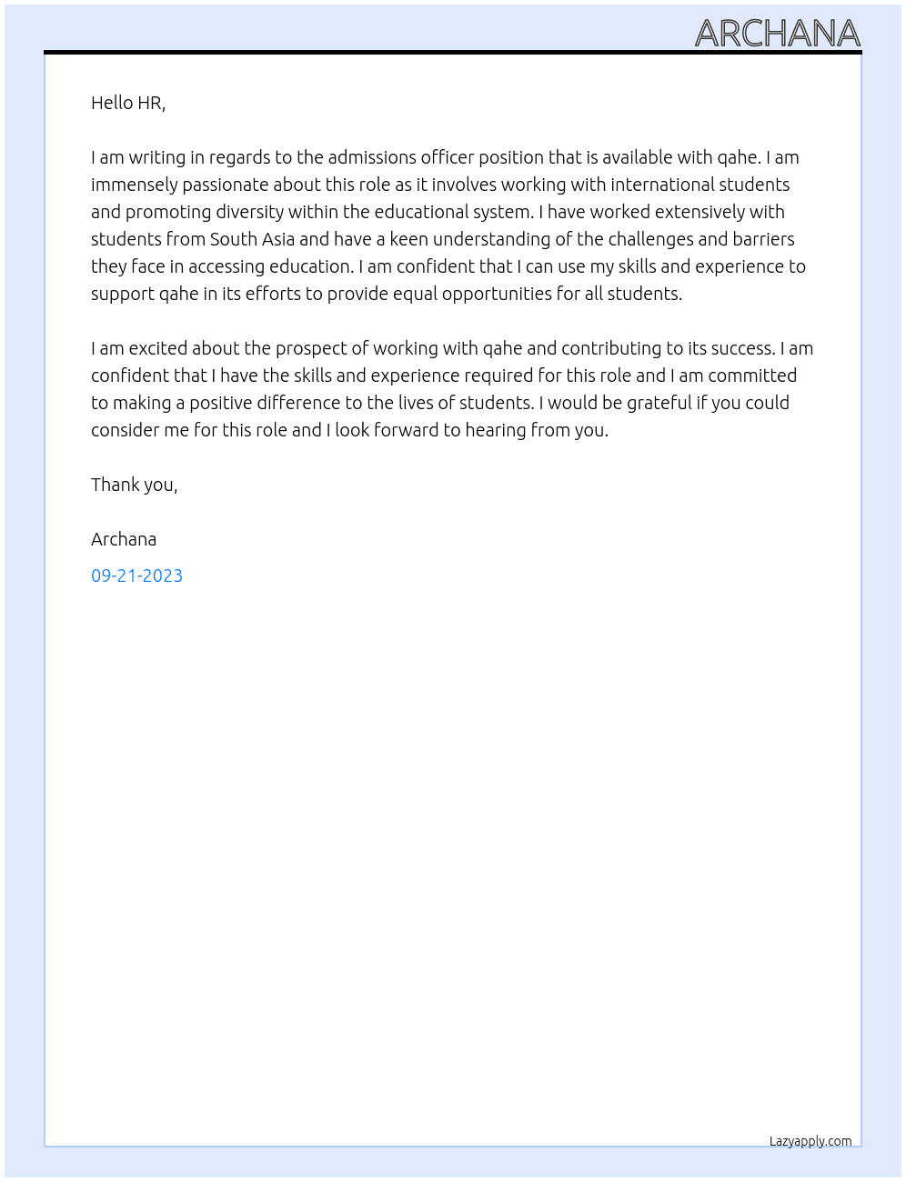 admissions officer At qahe Cover Letter
