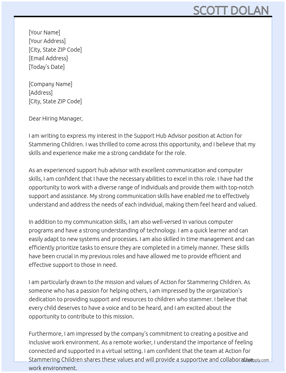 Support hub advisor  At Action for stammering children  Cover Letter