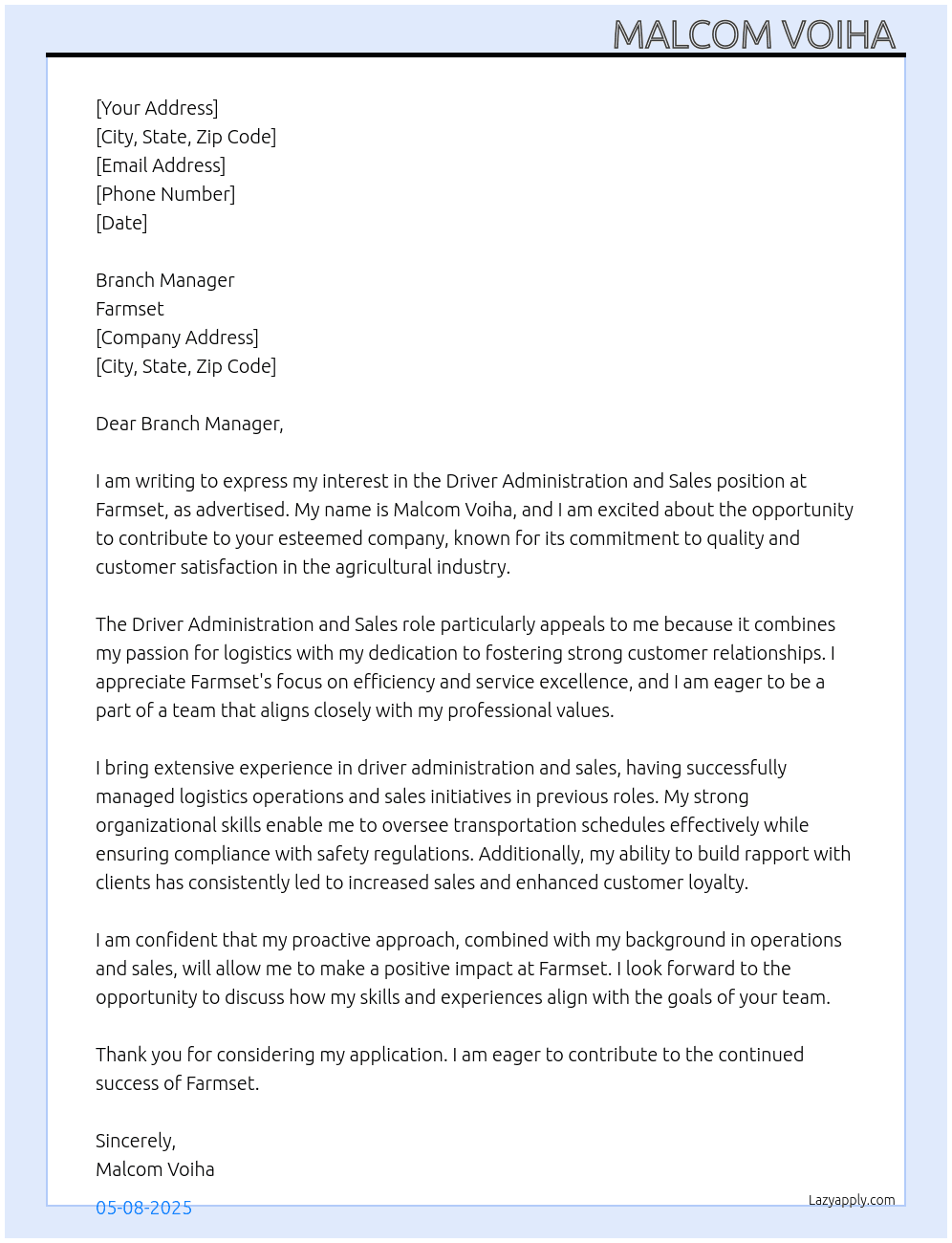 Driver Administration and sales At Farmset Cover Letter