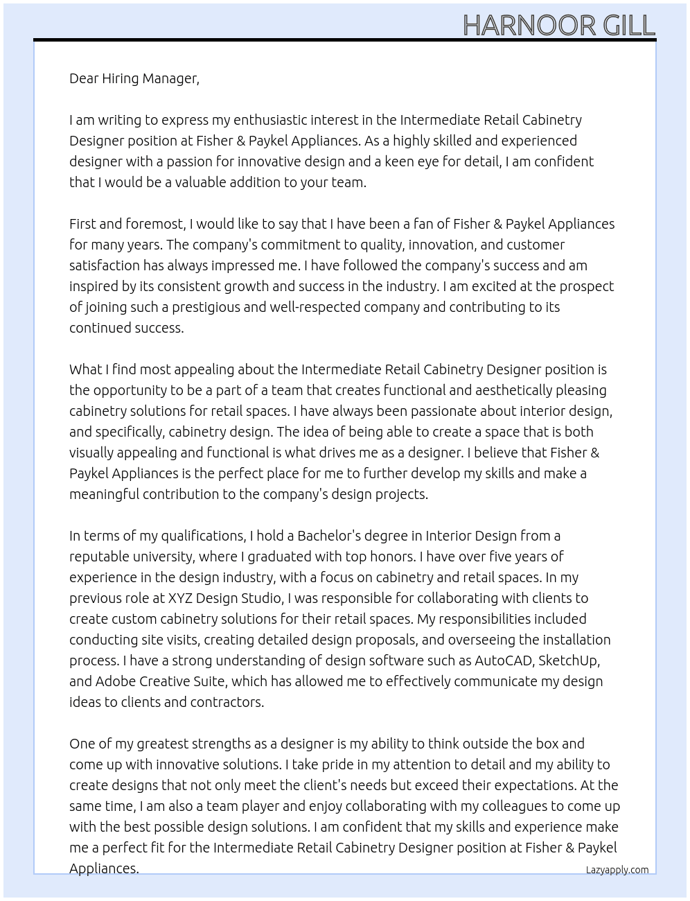 Intermediate Retail Cabinetry Designer At Fisher & Paykel Appliances Cover Letter