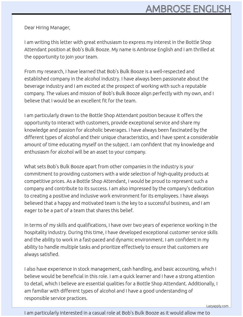 Bottle shop Attendant At Bob's Bulk Booze Cover Letter