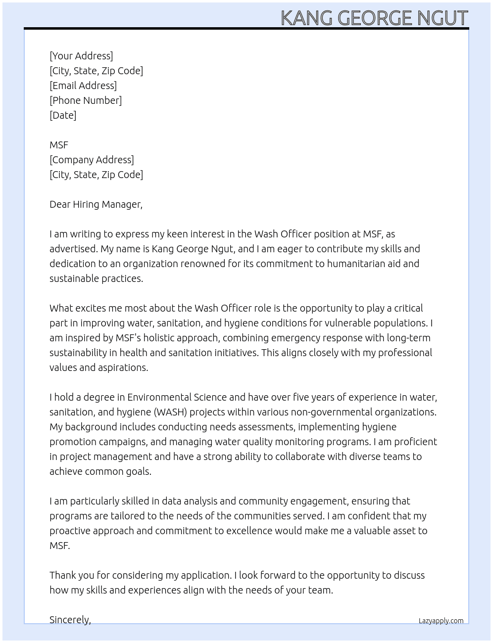 Wash officer  At MSF Cover Letter
