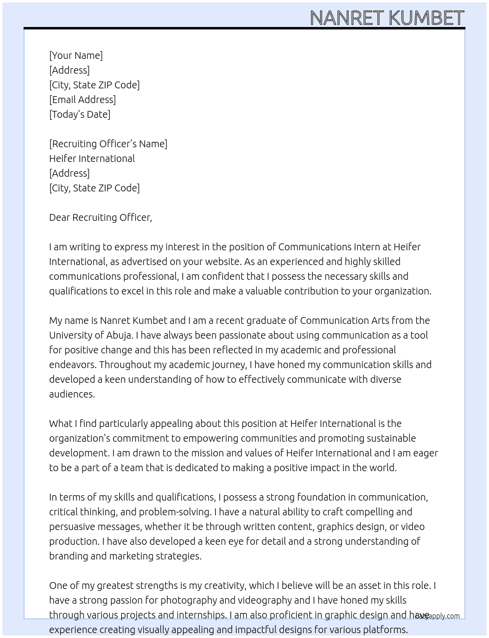 Communications Intern At Heifer international  Cover Letter