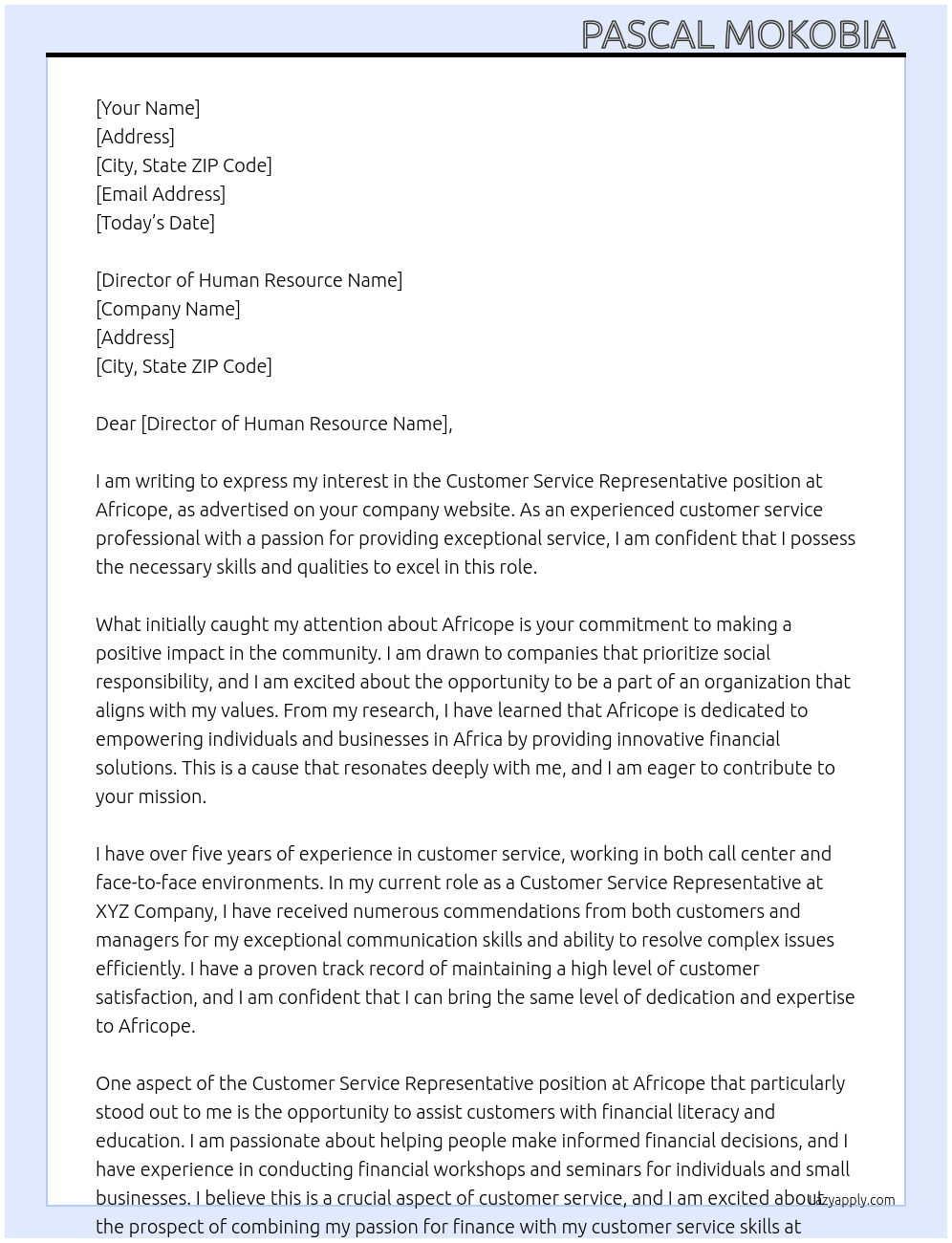 Customer service representative  At Africope  Cover Letter